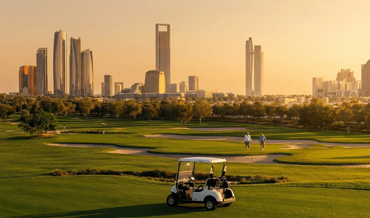 Hudayriyat Golf Estates fairways and Abu Dhabi skyline, developer visualisation